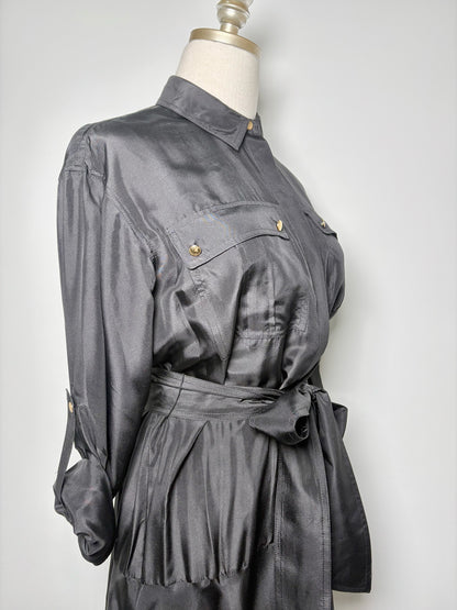 Women Size 2 Veronica Beard Black Solid Silk Shirt Midi Dress