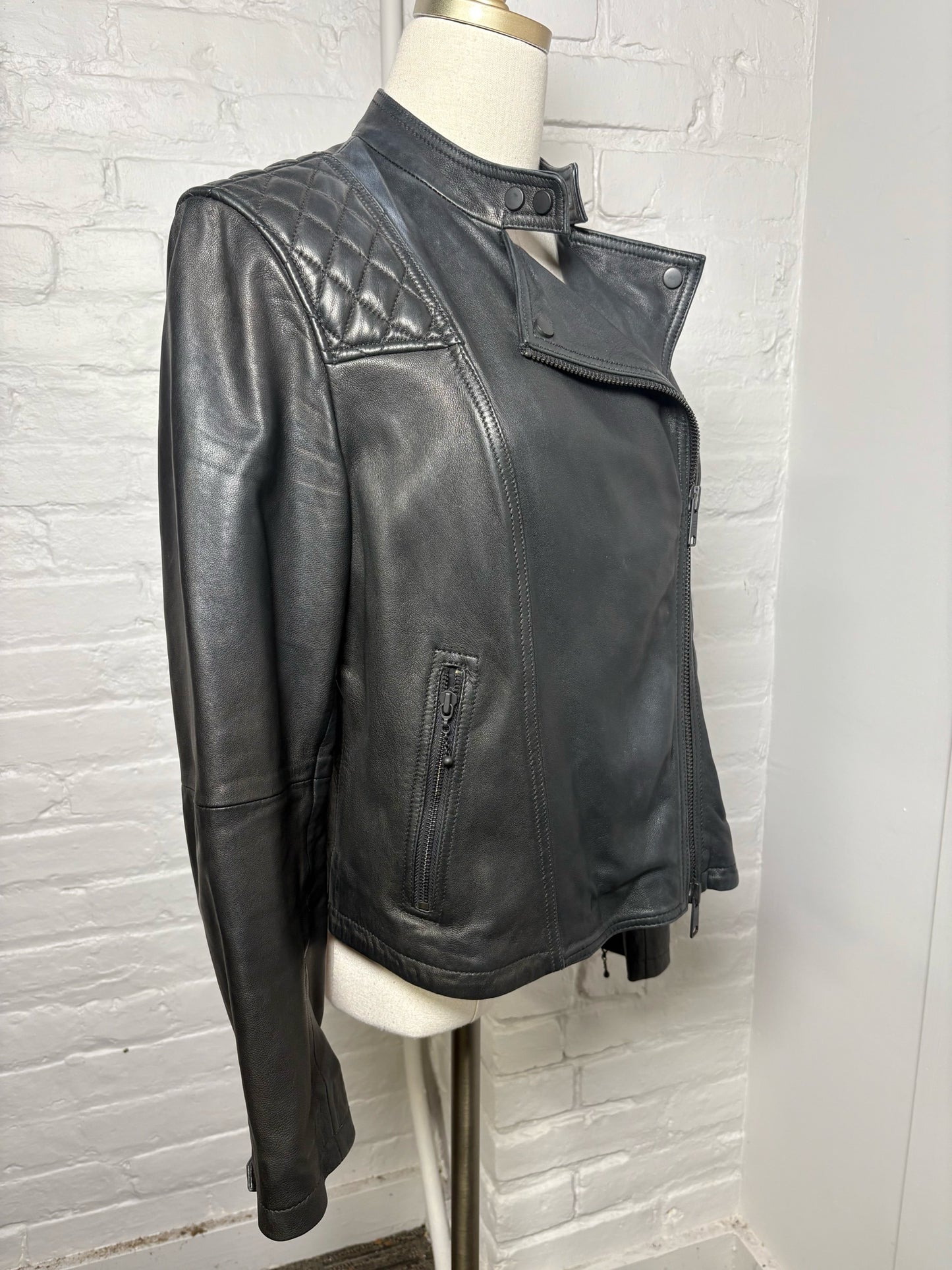 Women Size 10 All Saints Black Quilted Leather Jacket