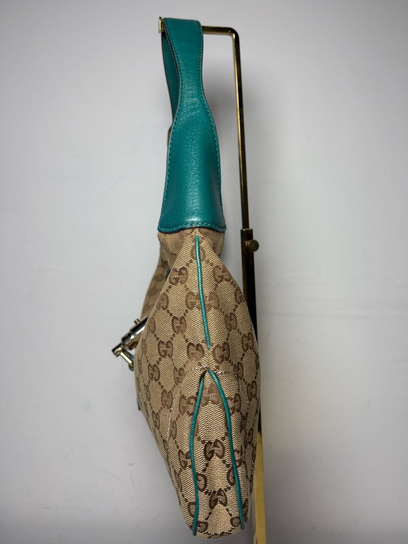 Women's Gucci Jackie O GG Monogram Canvas Turquoise Leather Vintage Y2K Authentic Pre-Owned Medium Shoulder Bag