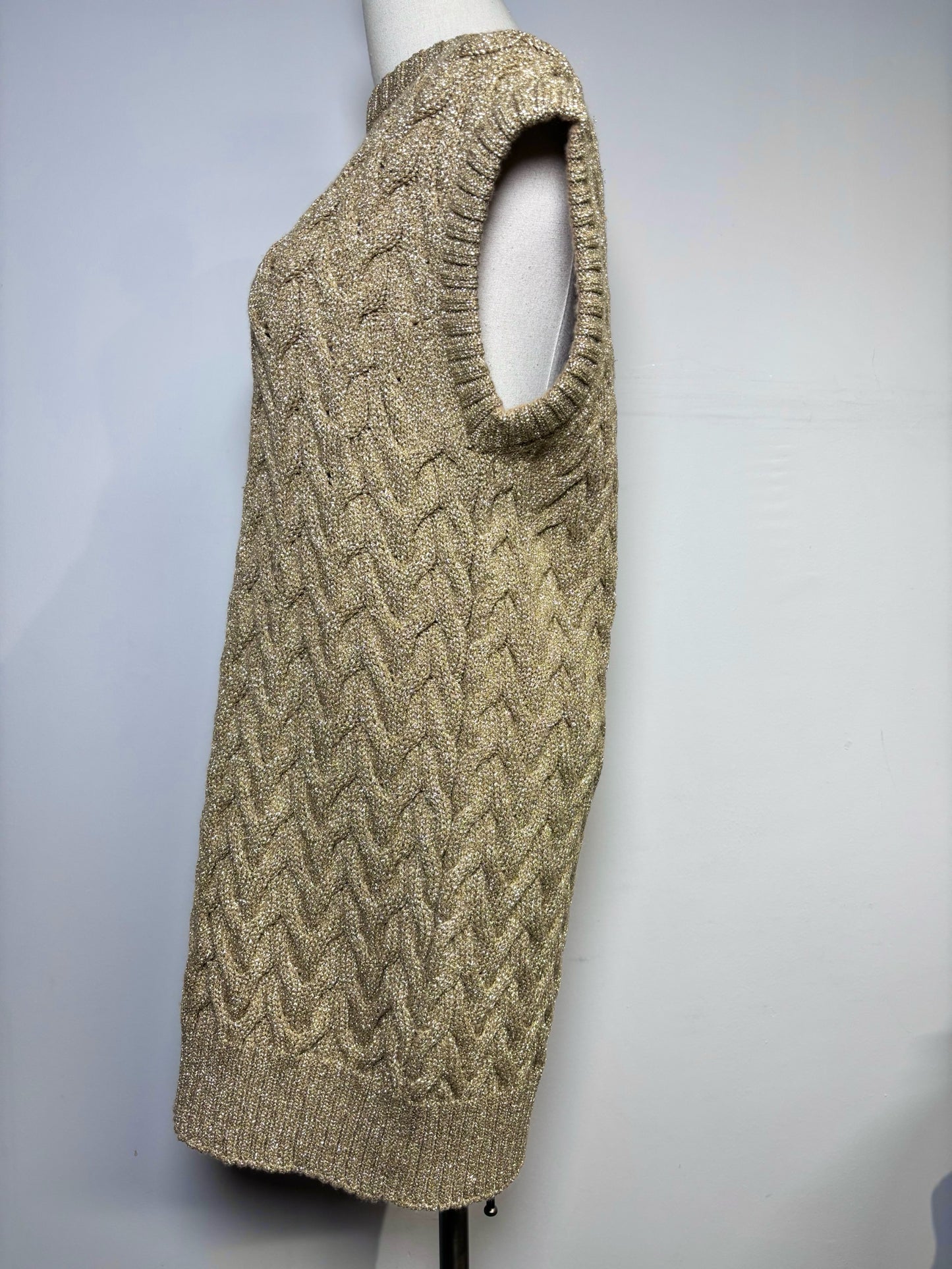 Women Size M (Est.) Max Mara Metallic Gold Cable-Knit Mid-Length Sweater Dress