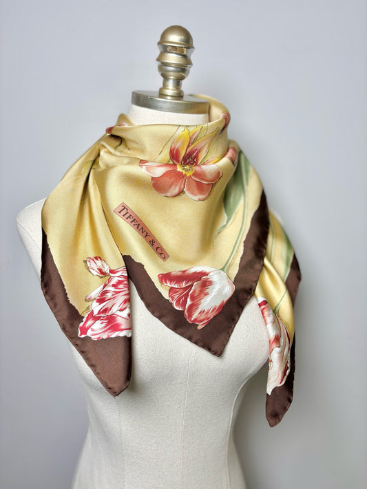 Tiffany & Co. Floral Silk 34" x 34" Yellow Floral Print Scarf