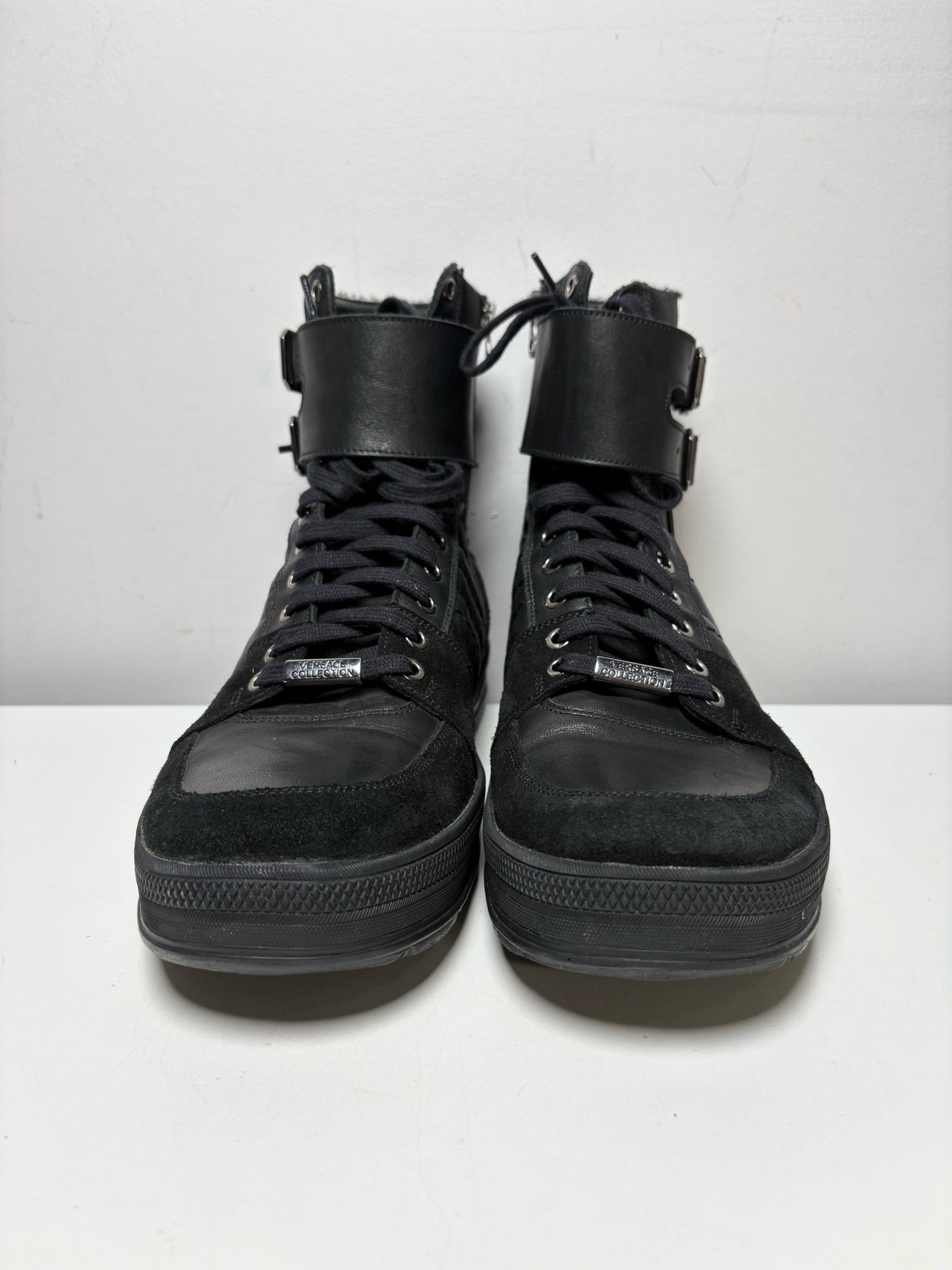 Men Shoe Size US 10 Versace Collection Black Leather & Nylon Pre-Owned High-Top Sneakers