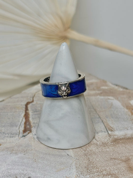 Sterling Silver Gucci Blue Enamel Cat Head Sz 6 Ring