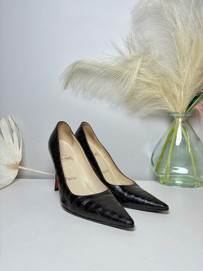 W Shoe Size 39 Christian Louboutin Dark Brown Leather Croc Embossed Heels