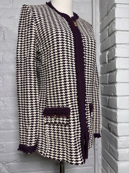 Women Size 6 St. John White, Purple Abstract Print Knit Jacket