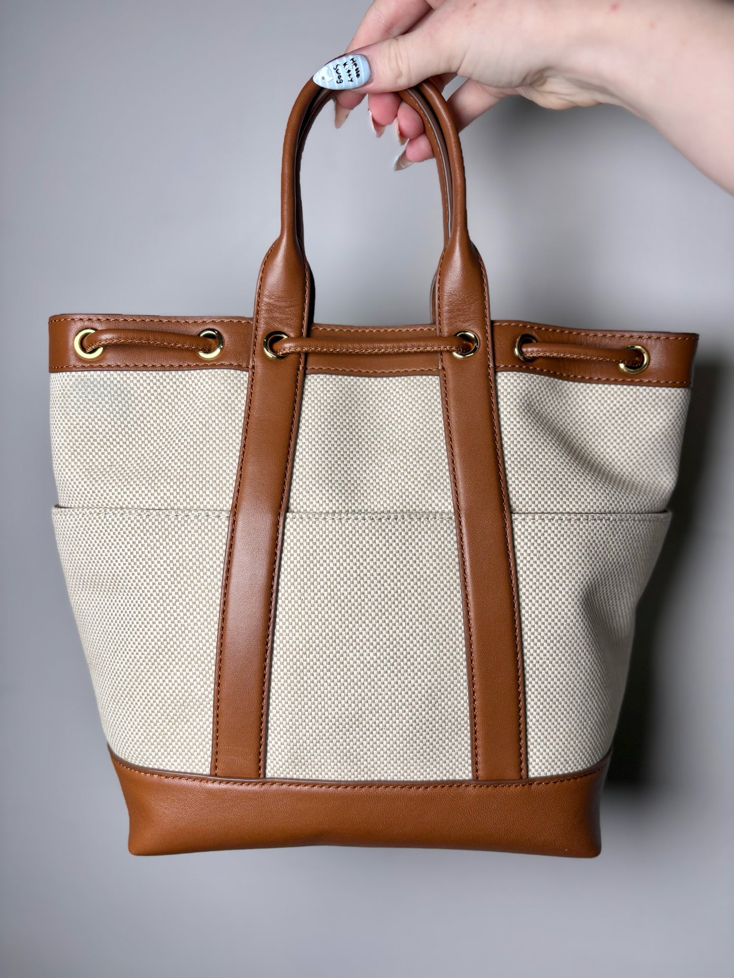 Women's Veronica Beard Solid Canvas, Leather Pre-owned Cream, brown Medium Purse