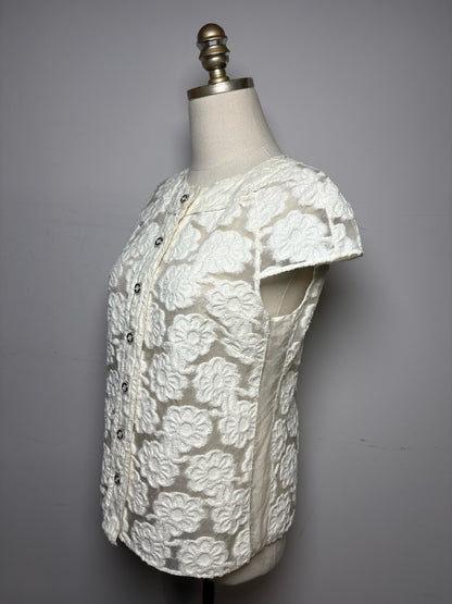 Women's Authentic Chanel 2009 Cruise Runway Ecru Flocked Camellia Semi-Sheer Pre-Owned Top
