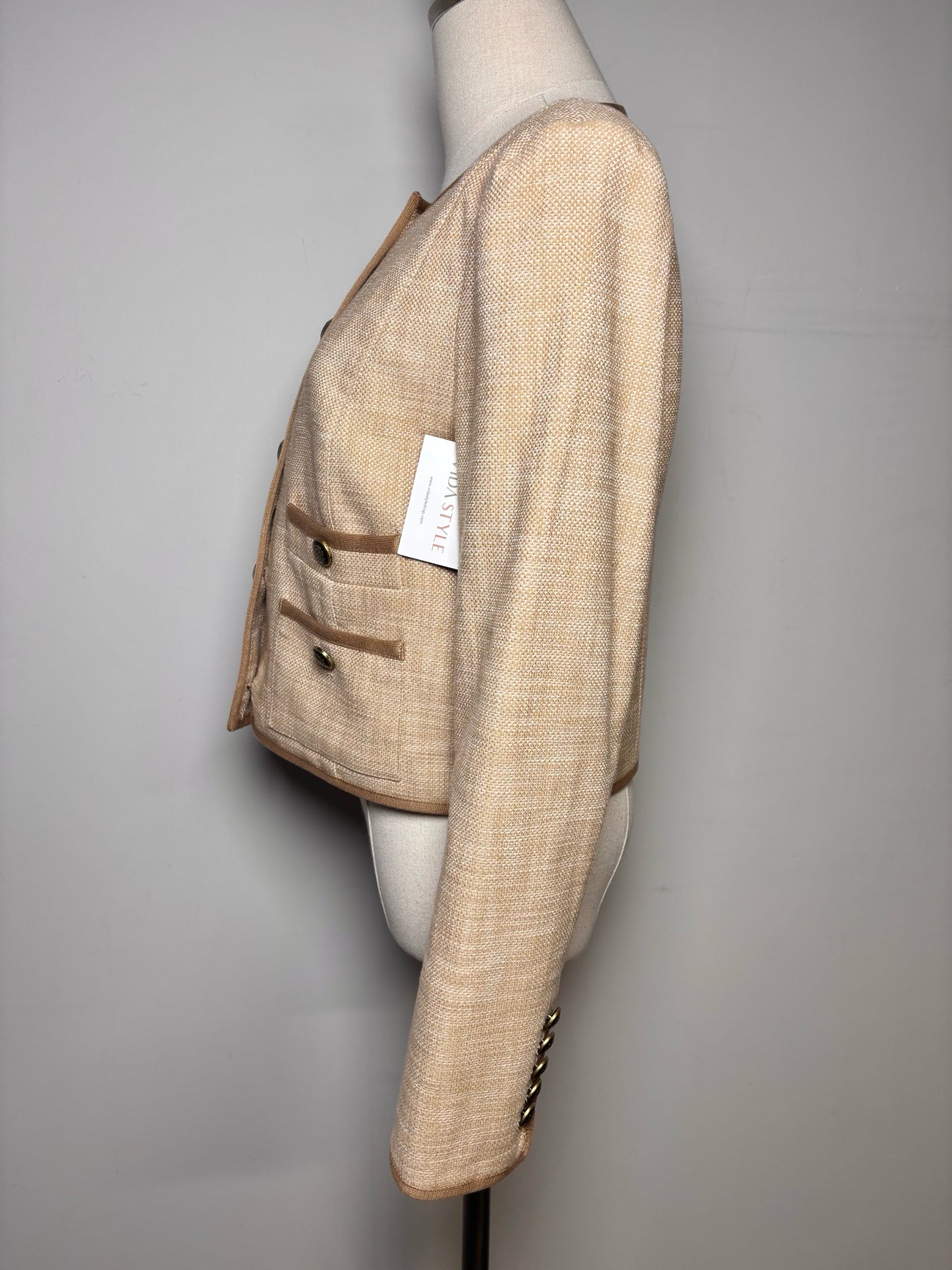 Women Size 10 Veronica Beard Tan Tweed Cotton Blend Brown Piping Jacket Pre-Owned