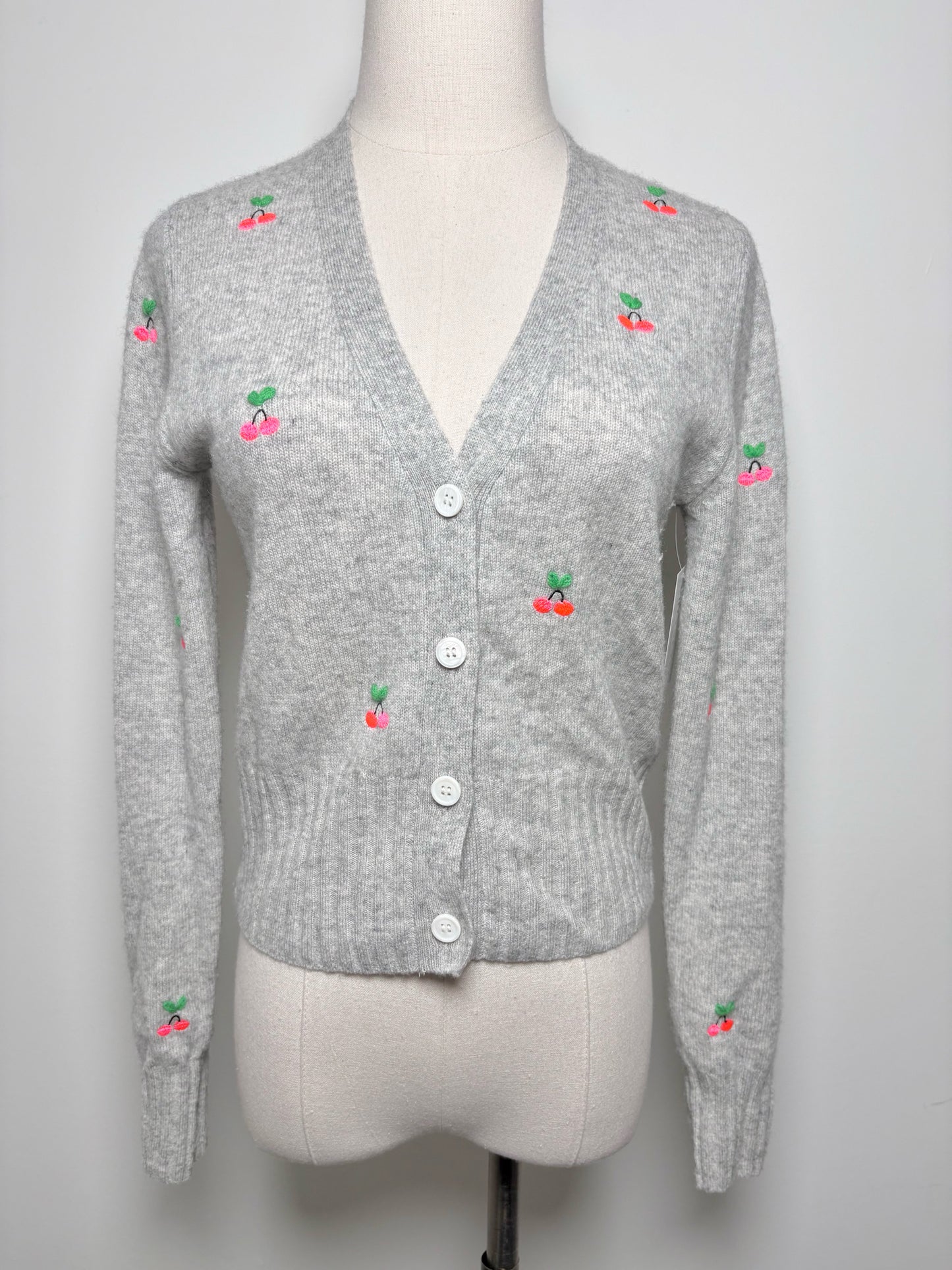 Women Size XS Brodie Gray Embroidered Cherries Cashmere Sweater