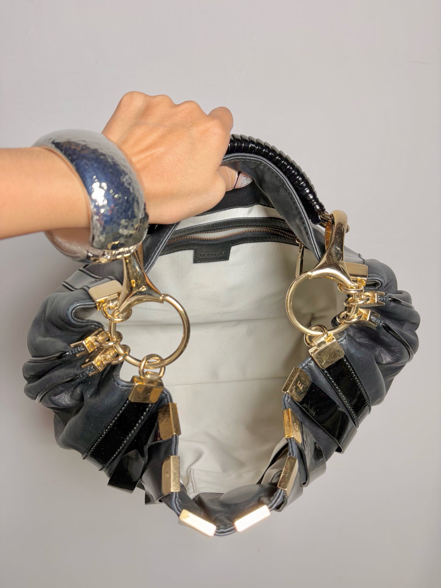 Patent Leather Versace Stripe Vintage Black & Gold Large Purse