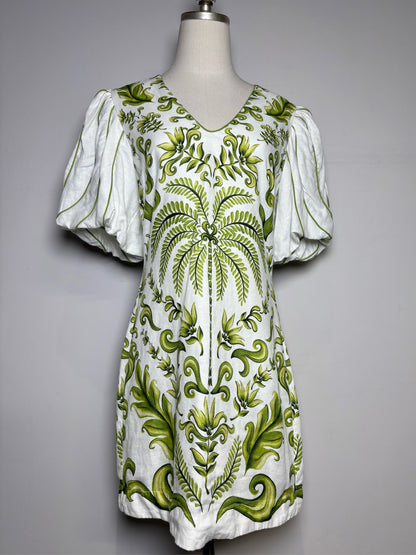 Pre Owned Size S Farm Rio White, Green Filigree Design Linen Women's Linen Dress