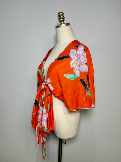 Women's Size S Diane von Furstenberg Red Lavender Iris Print Cotton Silk Pre-Owned Wrap Top