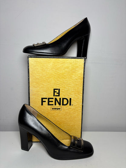 Women's Shoe Size 7.5 Fendi Black Leather Vintage Authentic Pre-Owned Heels
