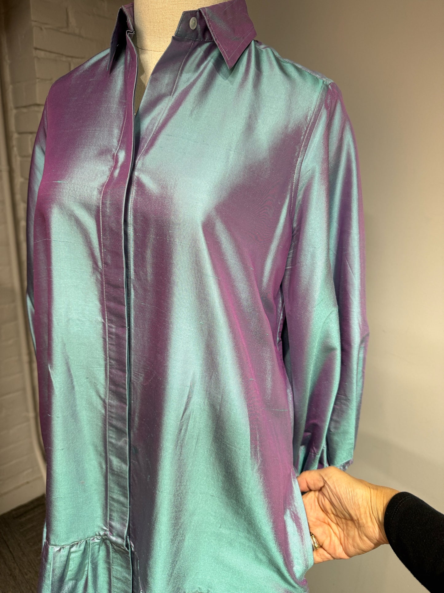 Women Size S Ann Mashburn Blue Iridescent Silk Shantung Drop Waist Dress