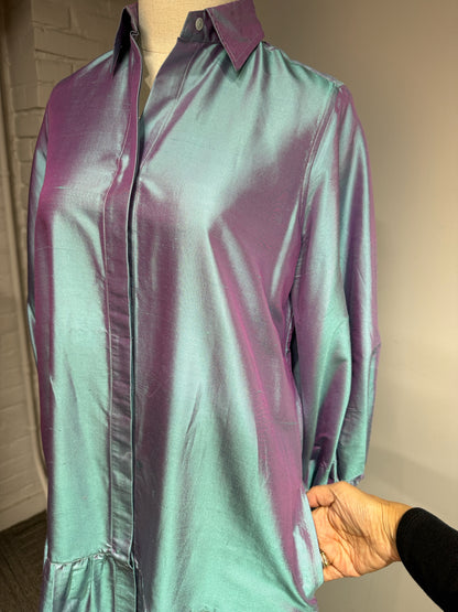 Women Size S Ann Mashburn Blue Iridescent Silk Shantung Drop Waist Dress