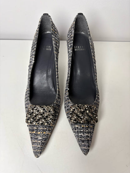 W Shoe Size 8.5 Stuart Weitzman Black, Gray Tweed Rhinestone Buckle Heels
