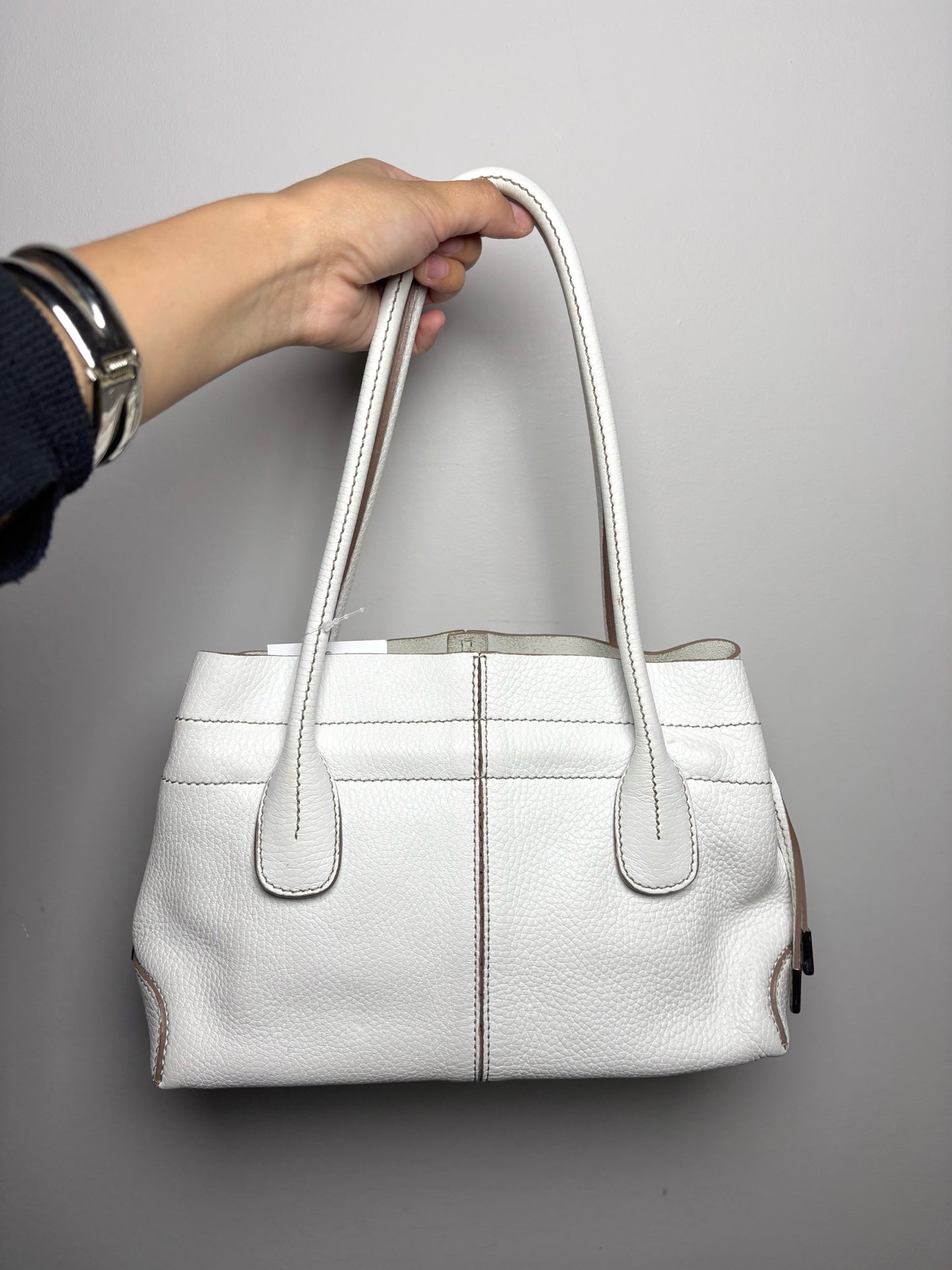 Tod's Solid Leather White Cowhide Pebble Grain Double Handle Purse