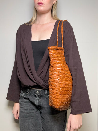 Women's Dragon Diffusion Tan Handwoven Leather NS Diagonal Pre-Owned Basket Tote Bag