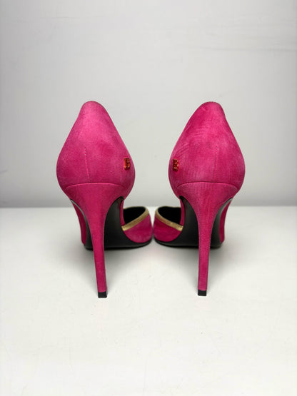 W Size 39 (8 - 8.5) Balmain Miley Fuchsia, Gold Trim Leather Suede NWOT Heels