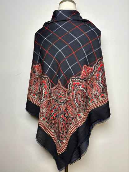 Burberrys' Paisley & Check Pure Wool Vintage RARE Pre-owned Square Navy Scarf