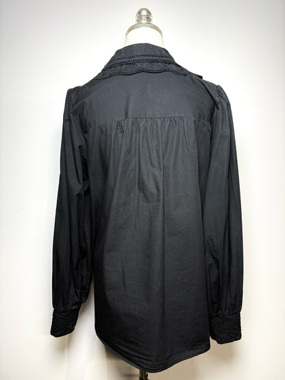 Women's Size M Farm Rio Black Eyelet Cotton Pre-Owned Puff Sleeve Blouse