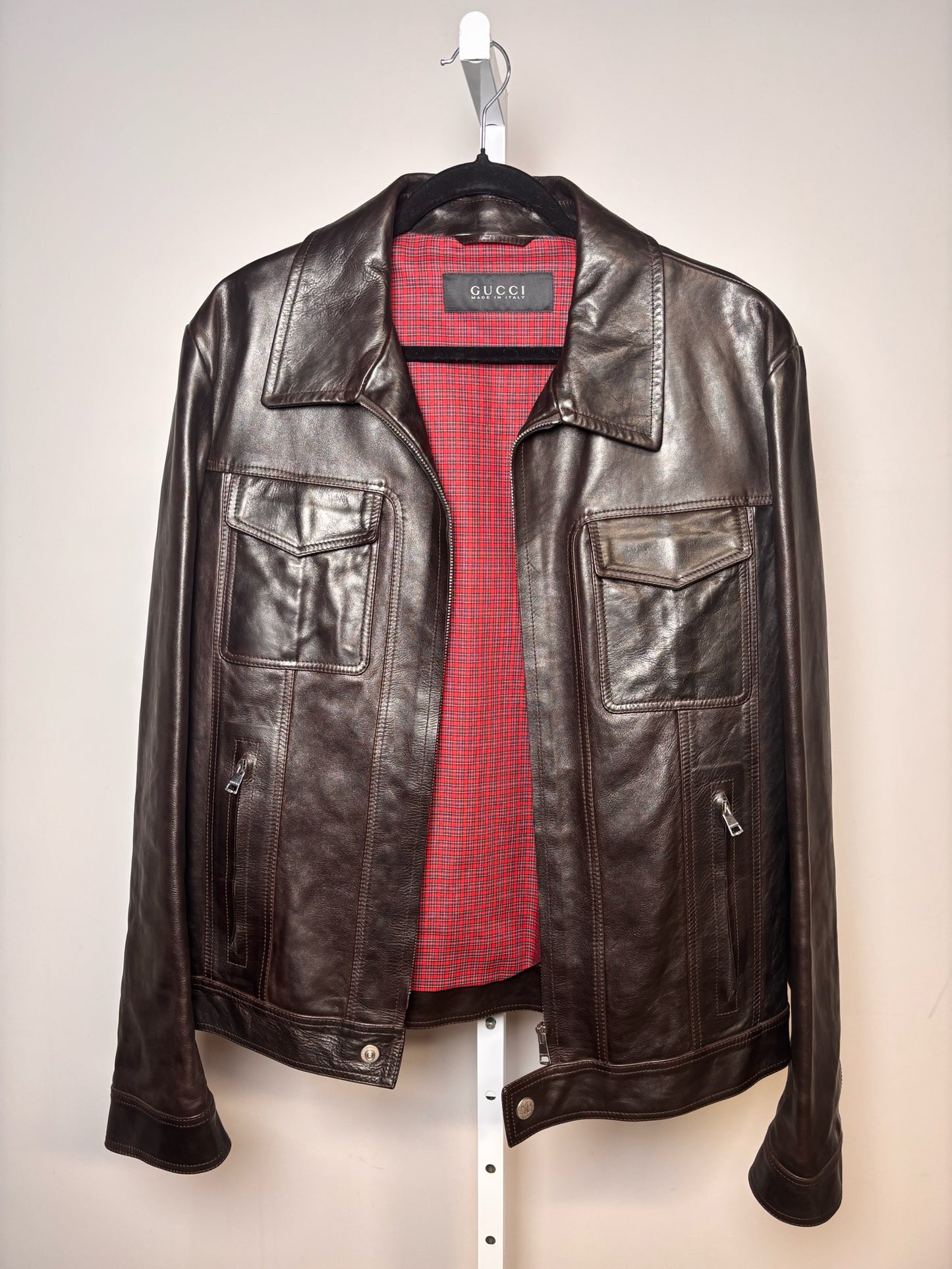 Gucci Black (Almost Brown) Leather Solid Men's 50 (L) Pre-owned, Rare Jacket