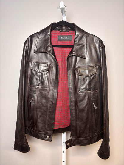 Gucci Black (Almost Brown) Leather Solid Men's 50 (L) Pre-owned, Rare Jacket
