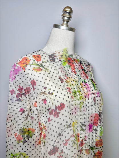 Women Size 14 Oscar de la Renta Multi-Color Dot, Floral Print Blouse
