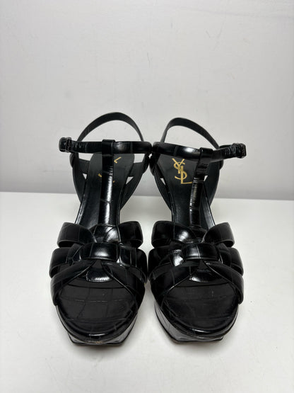 Women's Size 39.5 Authentic Yves Saint Laurent Tribute Black Croc-Embossed Leather Pre-Owned Heels
