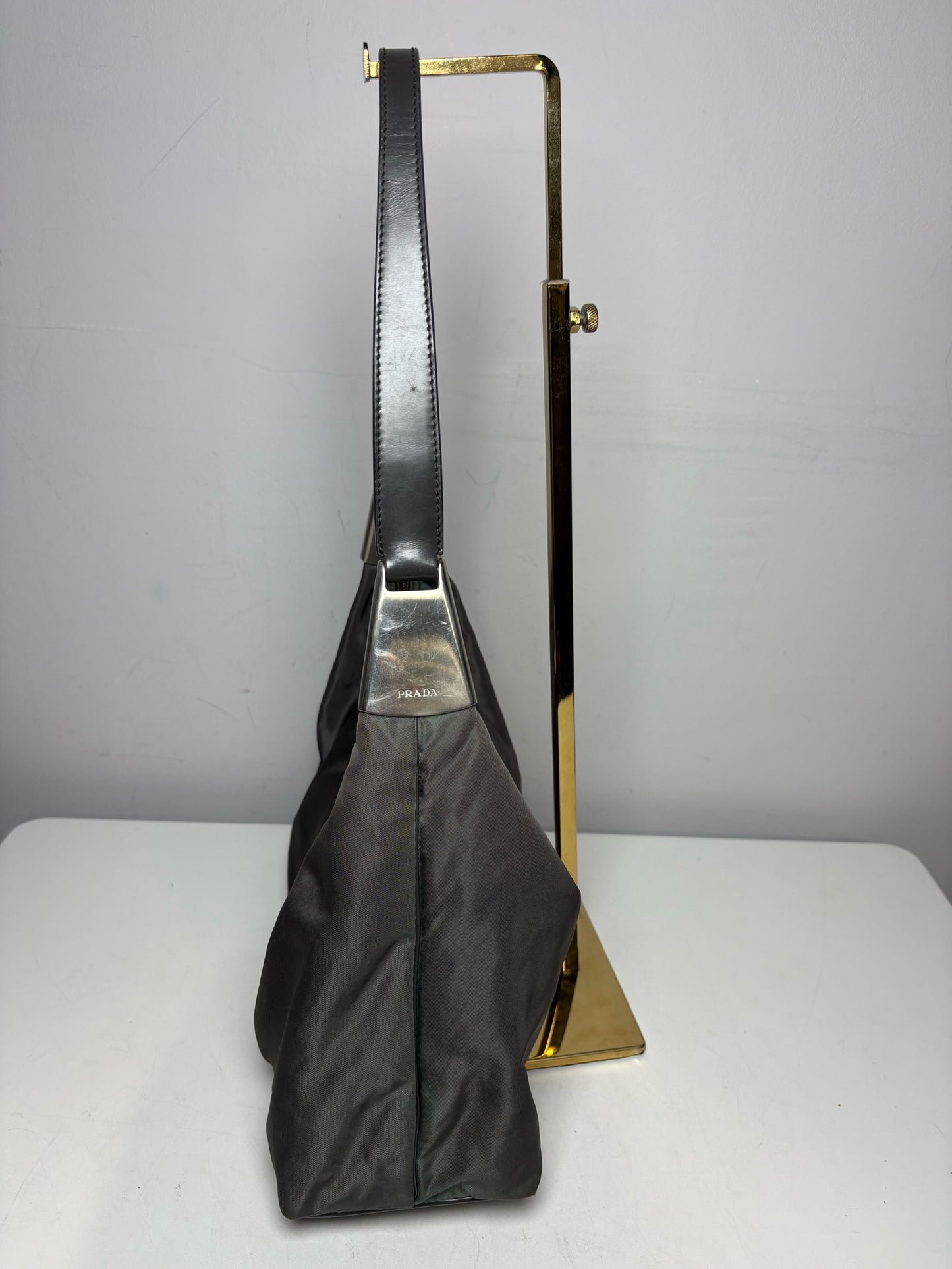 Women's Prada Tessuto Spazzolato Gray Nylon Leather Vintage Y2K Rare Pre-Owned Small Purse