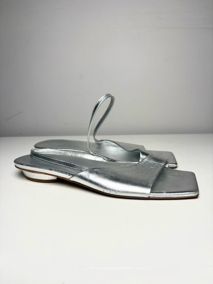 W Shoe Size 37.5 Tibi Avi Asymmetric Metallic Silver Pre-owned Flat Sandal