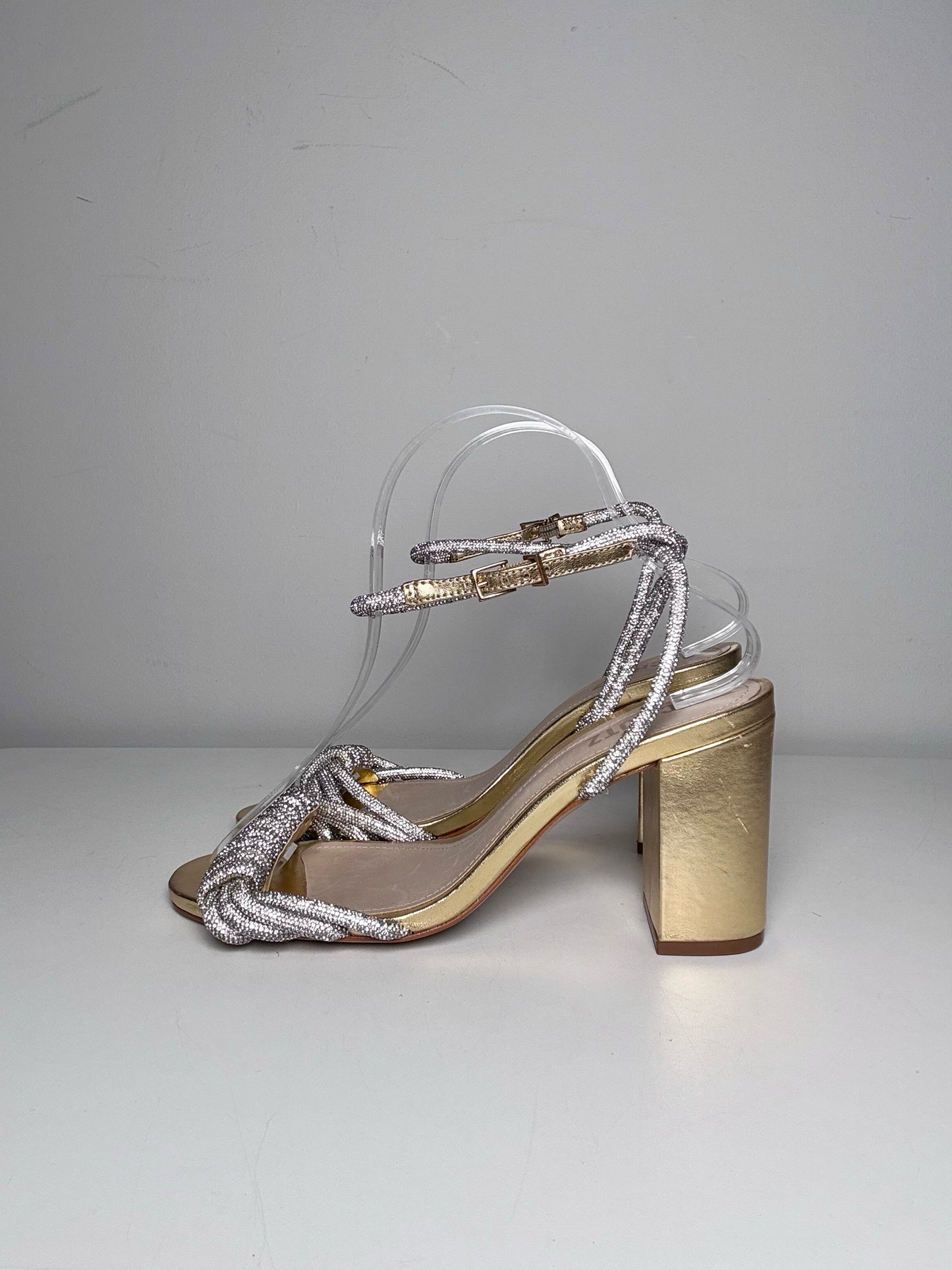 W Shoe Size 7.5 Schutz Jewell Block Gold Leather Cowhide Pre-owned, NWT Heels