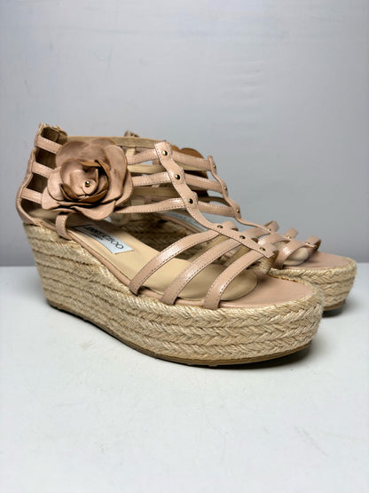 Women's Shoe Size 39 Jimmy Choo Pulse Cage Beige Leather Rare Pre-Owned Espadrille Wedge Sandals