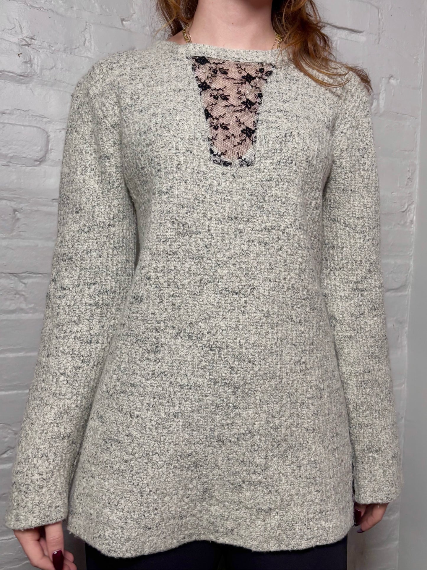 Women Size S Thakoon Light Gray Tweed, Lace Wool Blend Sweater
