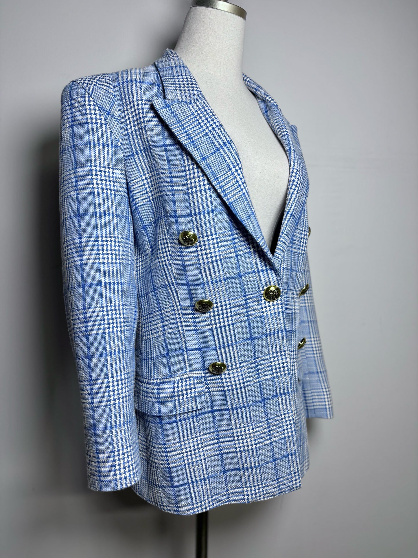 Women Size 10 Smythe Blue, White Plaid Cotton/Linen Pre-owned Jacket