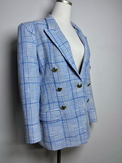 Women Size 10 Smythe Blue, White Plaid Cotton/Linen Pre-owned Jacket