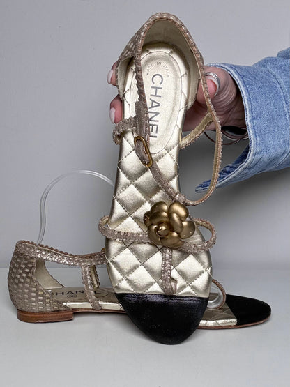 W Shoe Size 39 (8.5 - 9 US) Chanel Gold, Black Leather Vintage Sandals | Pre-owned