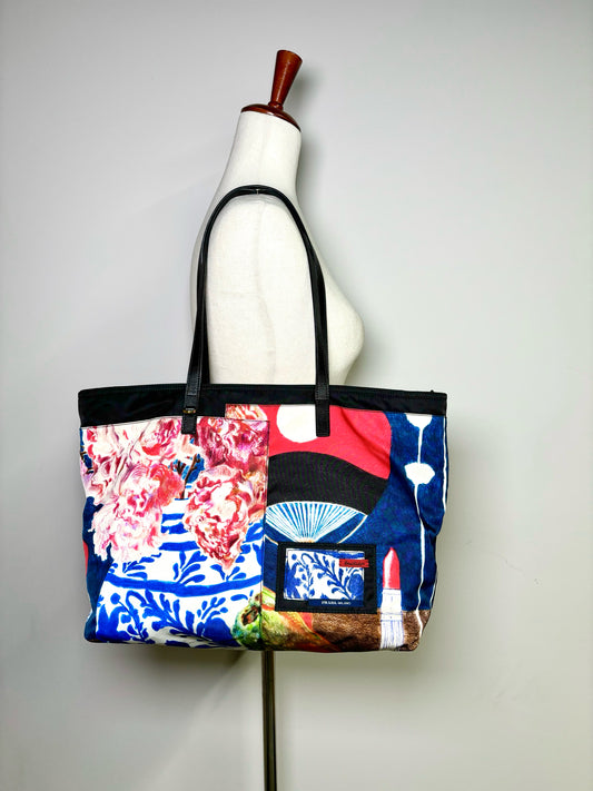 Prada Tessuto Black Print Shopping Tote
