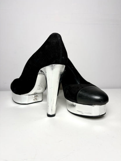 W Shoe Size 41.5 Chanel Black, Silver Leather Suede Pre-owned Heels