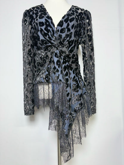 Women Size 8 Self-Portrait Black Lace, Textured Peplum Top