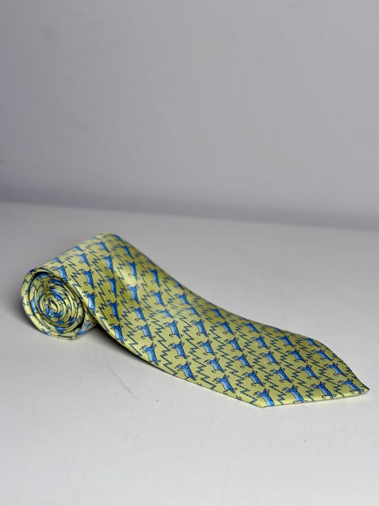 Hermes Green, Blue 100% Silk Flying Blue Bull Men's Vintage Pre-owned Tie