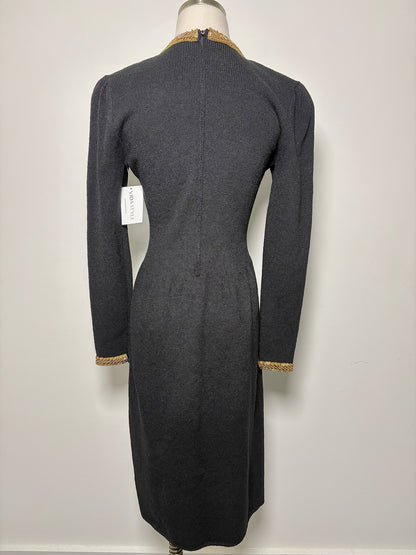Women Size 4 Saks Fifth Avenue Black Solid Wool Gold Beading Sheath Dress