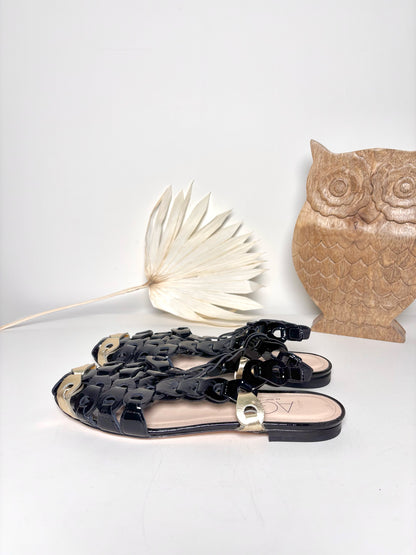 W Shoe Size 37.5 (7.5) AGL Black, Gold Leather Patent Sandals