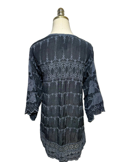 Women Size S Johnny Was Black & Charcoal Embroidered Pure Cupra Pre-Owned Tunic Top