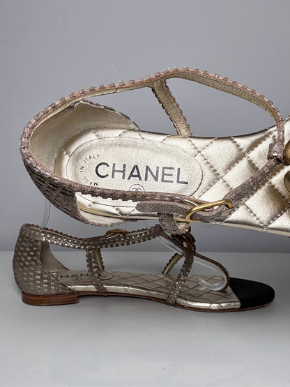 W Shoe Size 39 (8.5 - 9 US) Chanel Gold, Black Leather Vintage Sandals | Pre-owned