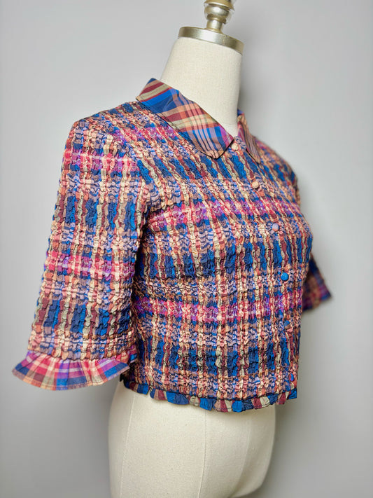 Women Size 8 Ulla Johnson Blue, Burgundy, Purple Plaid Ruched Jules Crop Top