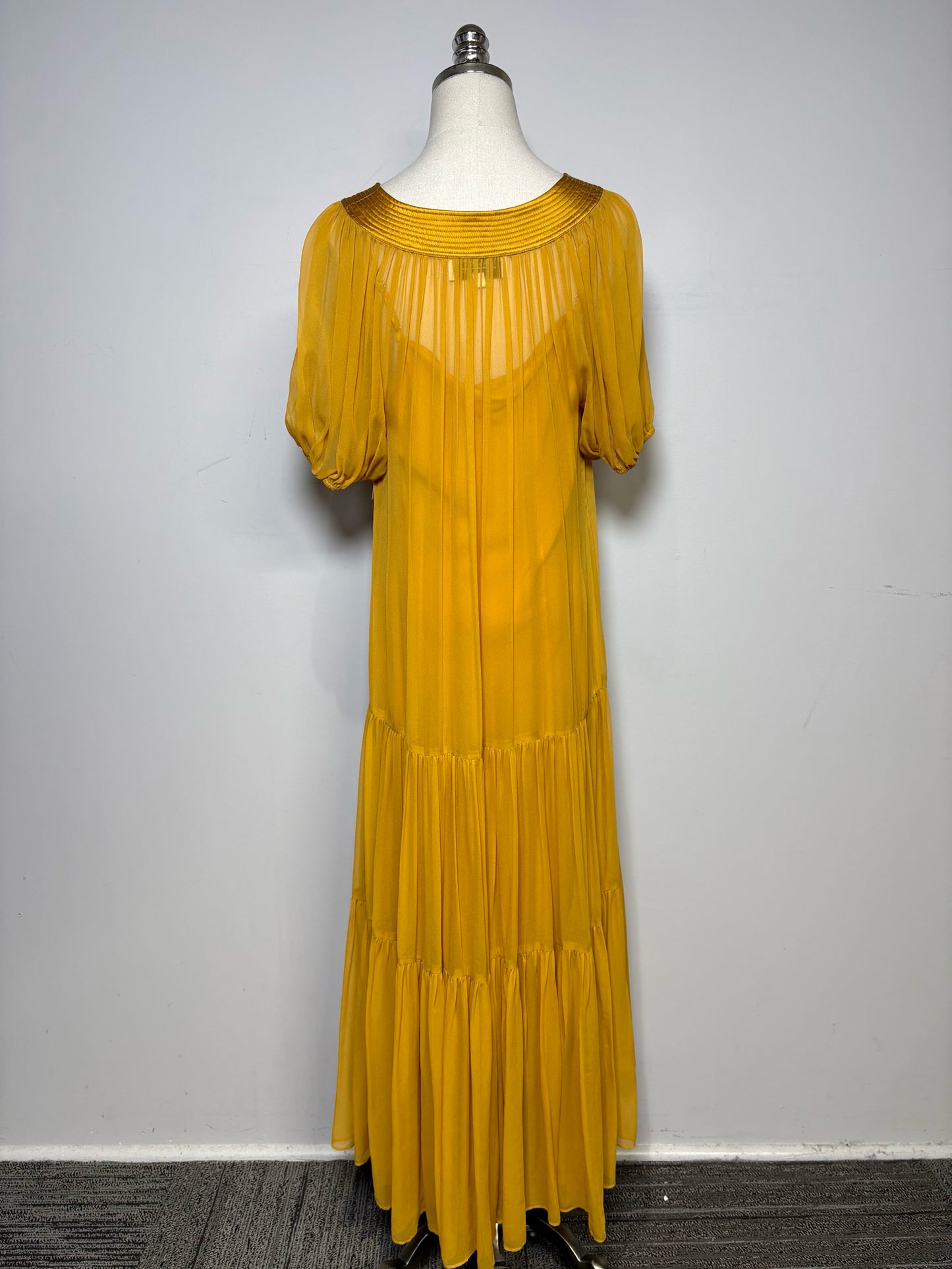 Women's Size M La Ligne New York Mustard Pre-Owned Tiered Midi Dress with Slip