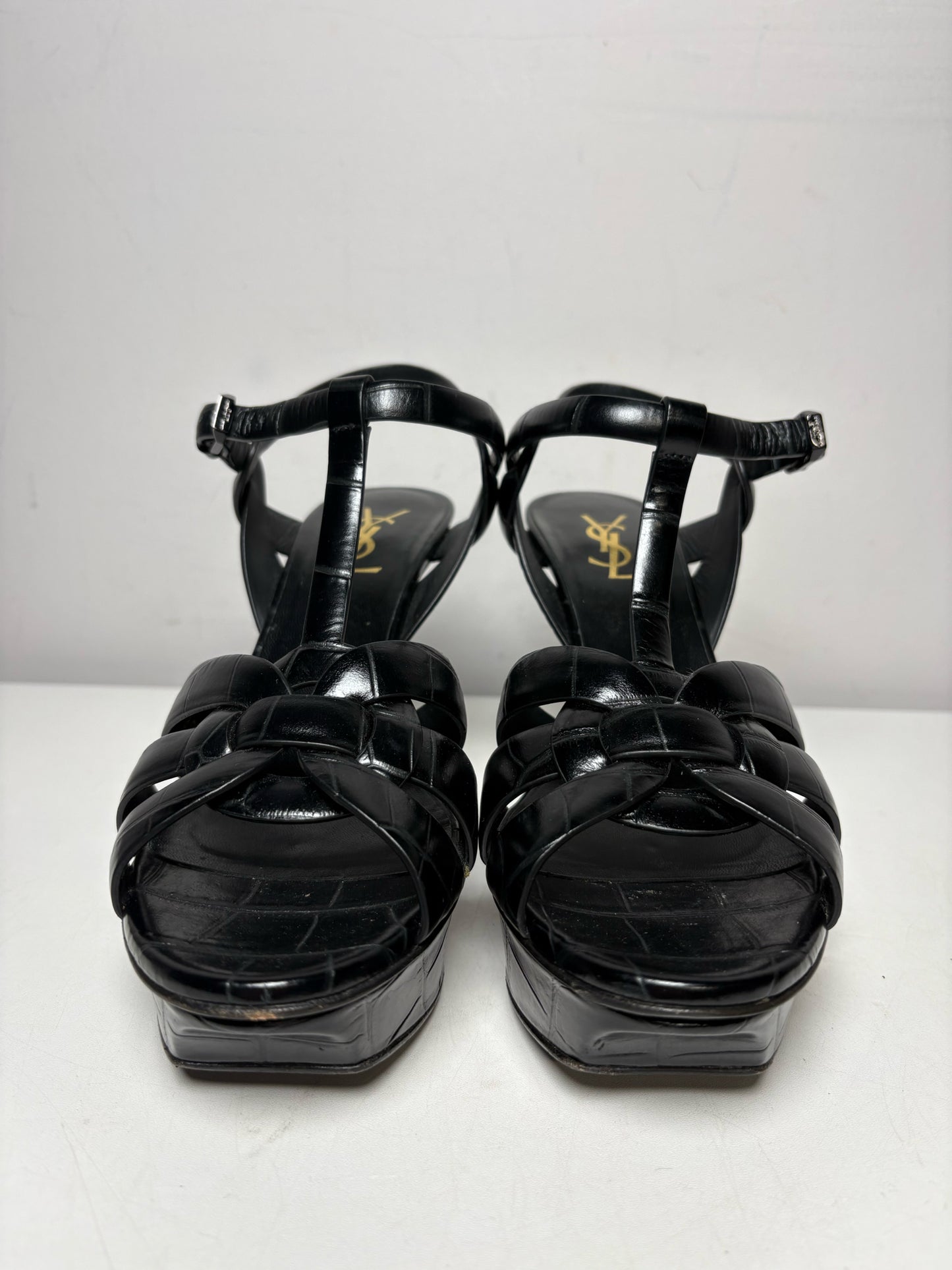 Women's Size 39.5 Authentic Yves Saint Laurent Tribute Black Croc-Embossed Leather Pre-Owned Heels