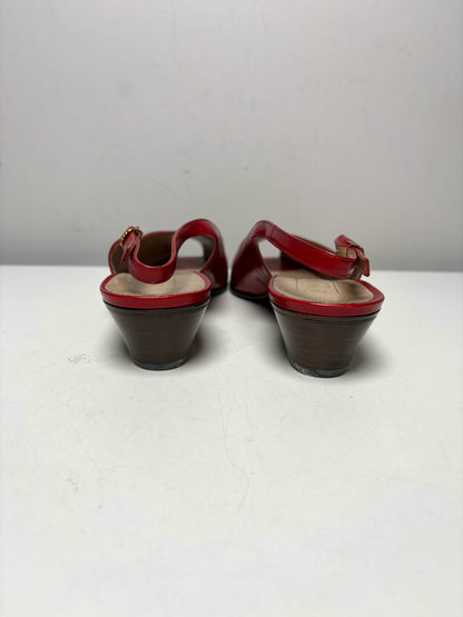 Women Shoe Size 7.5 Bruno Red Leather Vintage Pre-Owned Slingback Peep Toe Heels
