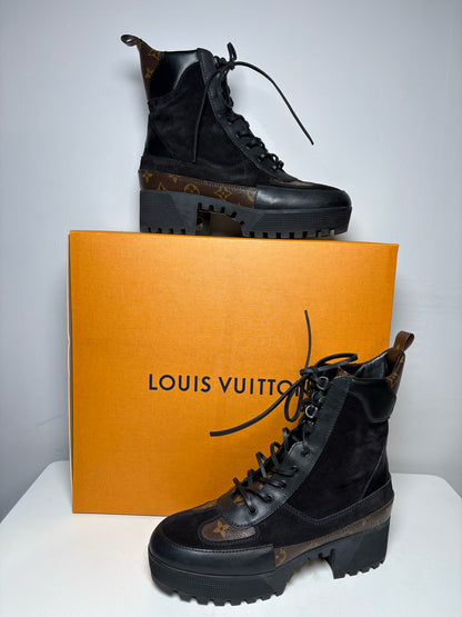 Women's Shoe Size 42 Authentic Louis Vuitton Laureate Black & Brown Leather Suede Pre-Owned Platform Desert Boots